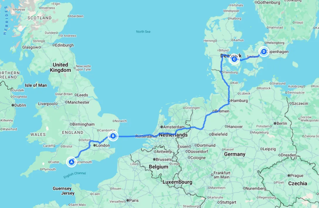 1,000km from Bournemouth to Copenhagen