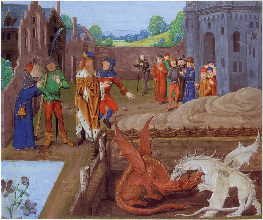15th-century image illustrating the story of Vortigern and the red and white dragons.